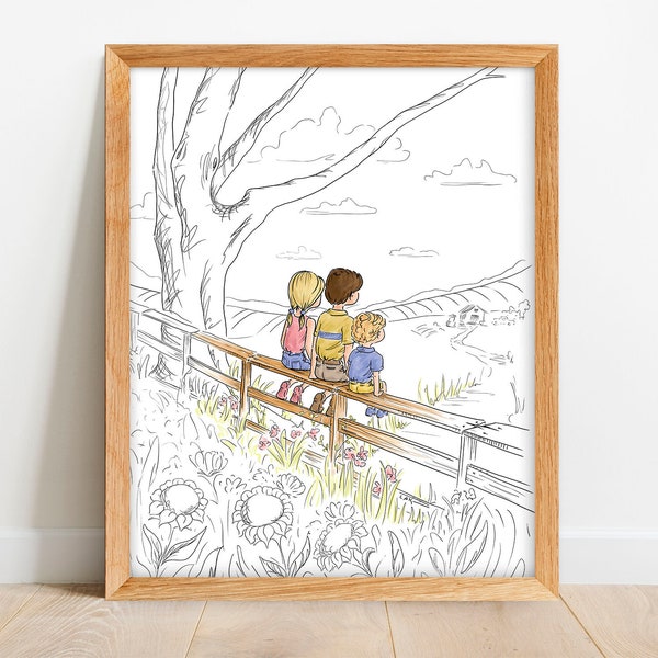 Custom Drawing of Kids Sitting on a Fence - Country Kids - Personal Gift for Grandparents - Kids Farmhouse Print