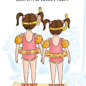 May include: Illustration of two children wearing swimsuits, arm floaties, and life rings, with snorkels and flippers. The text at the top reads "BROWN & LIGHT SKIN". The children are standing on a yellow rug in front of a bathtub.