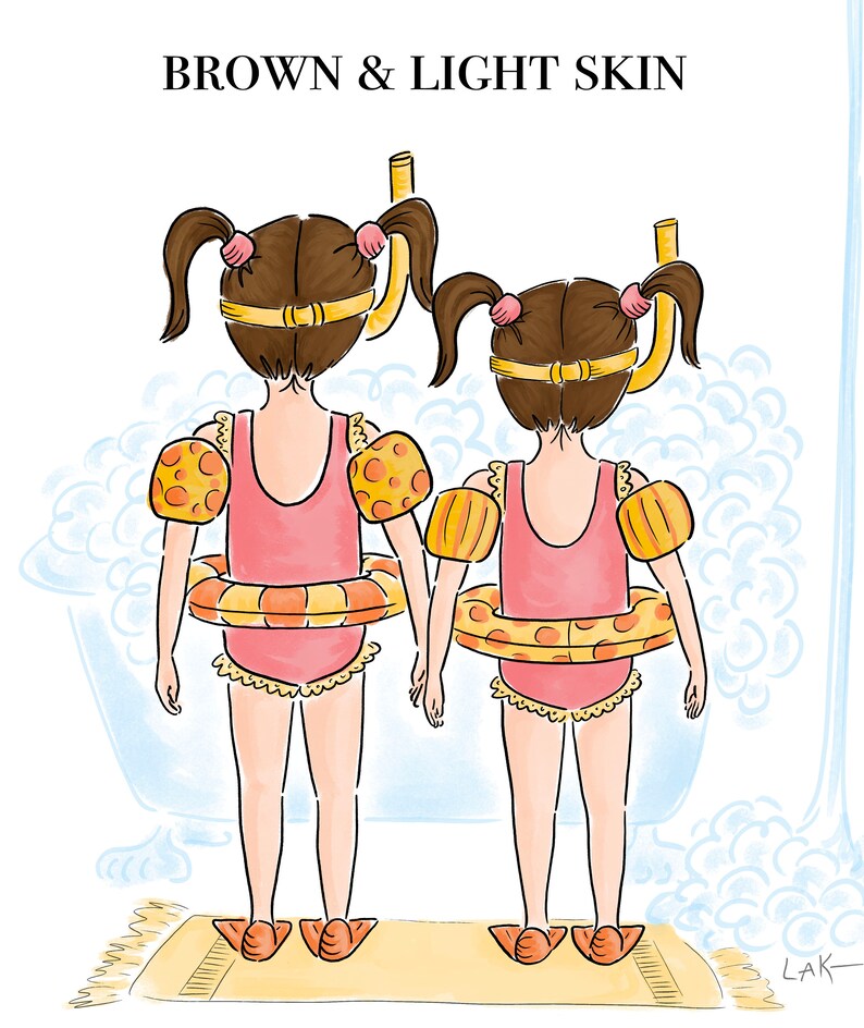 May include: Illustration of two children wearing swimsuits, arm floaties, and life rings, with snorkels and flippers. The text at the top reads "BROWN & LIGHT SKIN". The children are standing on a yellow rug in front of a bathtub.