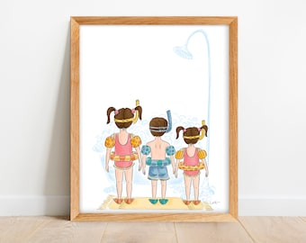 Three kids in Tub Print - Art for kids Bathroom - Shared Bathroom Decor - Kids Wall Decor for Washroom - Minimalist Bathroom Print