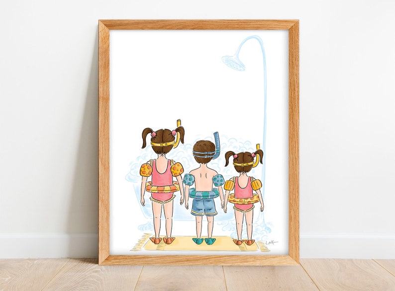 Three kids in Tub Print Art for kids Bathroom Shared Bathroom Decor Kids Wall Decor for Washroom Minimalist Bathroom Print image 1