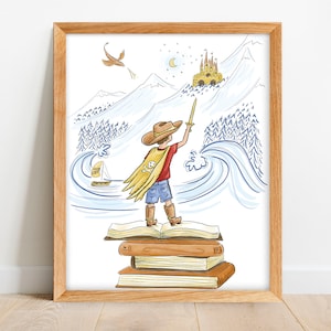 Boys Reading Print - Classroom Wall Art - Reading Nook Art - Pirate Cowboy Little Boys Room Wall Decor - Dragon and Castle Print