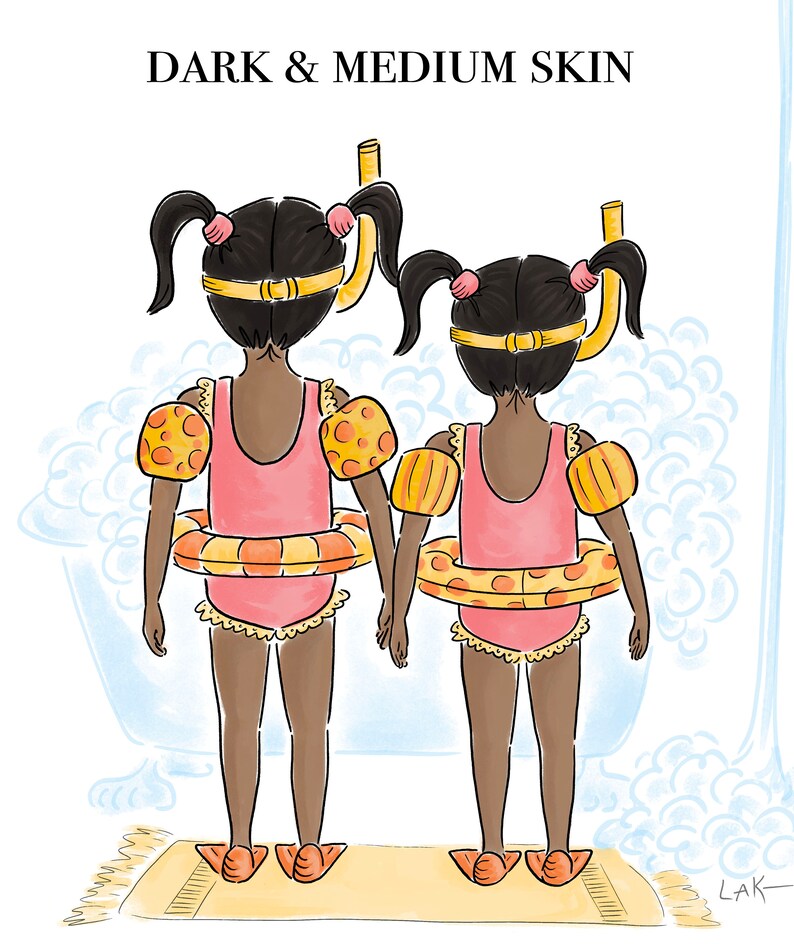 May include: Illustration of two girls with dark skin, wearing pink swimsuits, orange arm floaties, and yellow and orange inner tubes. They have snorkels and flippers. The text "DARK & MEDIUM SKIN" is at the top.