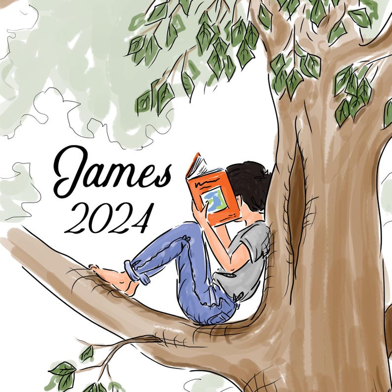 May include: A digital illustration of a person with dark hair sitting in a brown tree, reading an orange book with a globe graphic. The person wears a gray shirt and blue jeans. The text James 2024 is printed in black script and serif font.