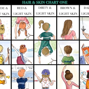 May include: An illustrated chart titled "HAIR & SKIN CHART ONE" displays various cartoon figures with different hair colors and skin tones. The chart is divided into sections labeled "Blonde & Light Skin," "Red & Light Skin," "Dirty & Light Skin," "Brown & Light Skin," and "Dark & Light Skin."