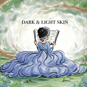 Pode incluir: Ilustra&ccedil;&atilde;o de uma pessoa com um vestido azul lendo um livro em um cen&aacute;rio de floresta. O texto "DARK & LIGHT SKIN" est&aacute; no topo. O vestido tem um design com babados, e a cena &eacute; cercada por &aacute;rvores e flores.