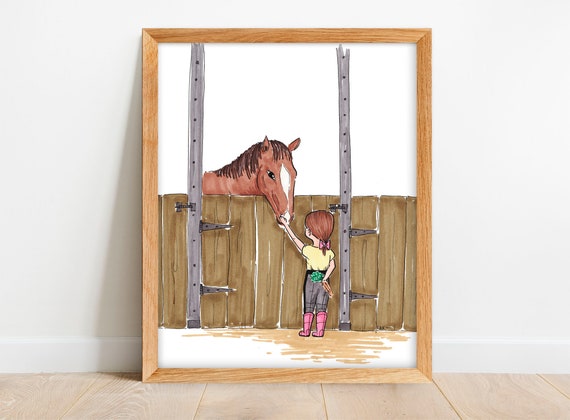 Horse Wall Art Girl and Horse Wall Decor Equestrian Artwork Drawing of Horse Back Riding Gift for Horse Lover Art Barn 8x10