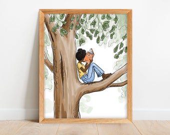 Black Girl Reading in Tree Print - Reading Nook Artwork for African American Girl - Art for Black Girls Room - Black Girl Books