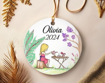 Girls Tea Party Ornament - Custom Aluminum Ornament - Cute Woodland Ornament - Ornament For Little Girl - Baby Girl Ornament