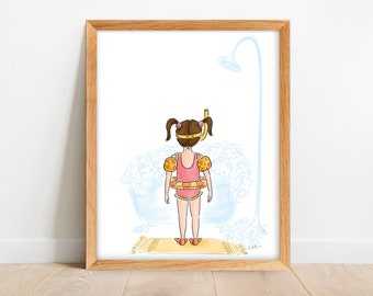 Girl in Tub Art Print – Custom Hair Color, Kids Bathroom Decor