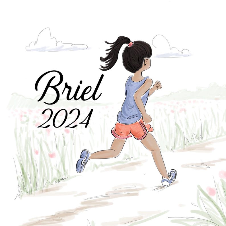 Puede incluir: Una ilustraci&oacute;n digital de una persona con cabello oscuro en una coleta corriendo por un campo. La persona viste una camiseta sin mangas azul y pantalones cortos naranjas. El texto Briel 2024 aparece en negro en el lado izquierdo.