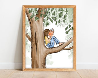 Girl Reading in Tree Print - Reading Nook Artwork - Art for Girls Room - Childrens Drawings - Book Lover Gift - Classroom Art