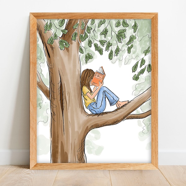Girl Reading in Tree Print - Reading Nook Artwork - Art for Girls Room - Childrens Drawings - Book Lover Gift - Classroom Art