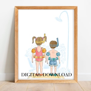 May include: A framed print featuring a watercolor illustration of two children in swim gear, standing under a shower. The girl wears a pink swimsuit and arm floaties, the boy has a snorkel and arm floaties. The text "DIGITAL DOWNLOAD" is at the bottom.