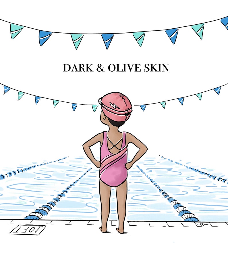 May include: Illustration of a person in a pink swimsuit and swim cap standing at the edge of a pool. The text "DARK & OLIVE SKIN" is above the person. Blue and teal pennants hang above the pool.