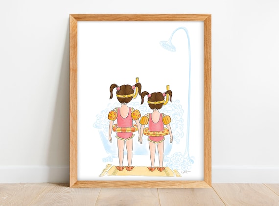 Sisters Bathroom Art - Girls Bathroom Decor - Big Sister And Little Sister Washroom - Clawfoot Bathtub Print - Sibling Bathroom Wall Art