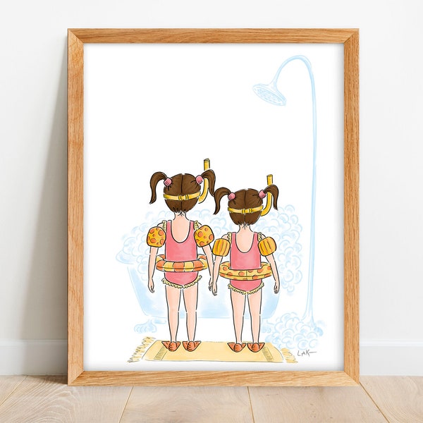 Sisters Bathroom Art - Girls Bathroom Decor - Big Sister and Little Sister Washroom - Clawfoot Bathtub Print - Sibling Bathroom Wall Art