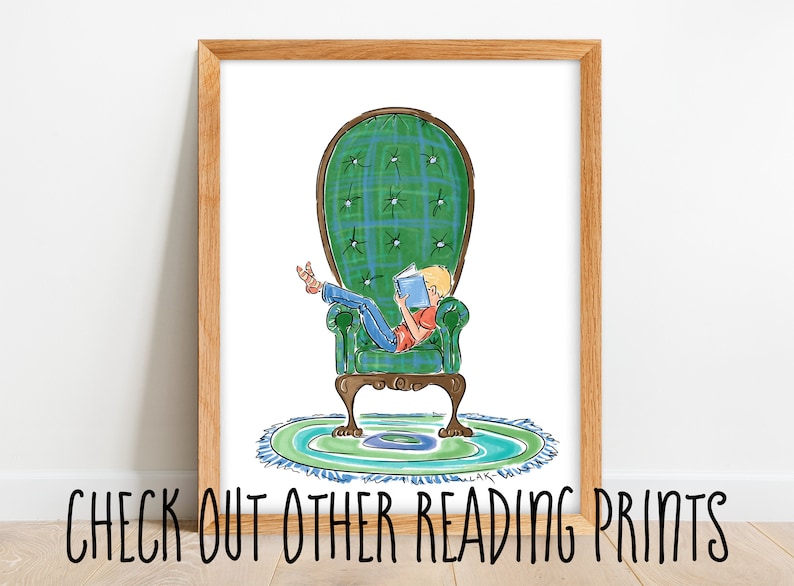 May include: Watercolor print of a person reading a book while reclining in a green plaid armchair. The chair sits on a round rug with blue and green accents. The framed artwork includes the text "CHECK OUT OTHER READING PRINTS".