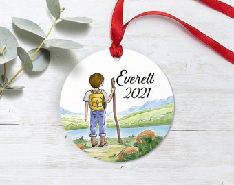 Boy Hiking Ornament - Custom Ceramic Ornament - Adventure Boy - Boy Outside - Boy Scout Ornament - Camping Ornament