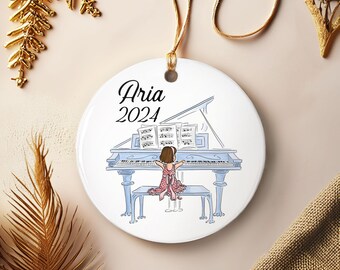 Girls Piano Ornament - Custom Ceramic Ornament - Girl Playing Piano - Music Teacher Gift - Grand Piano - Musician Ornament