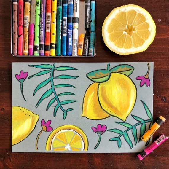 Lemon and Palms Watercolor Crayon Painting Class 
