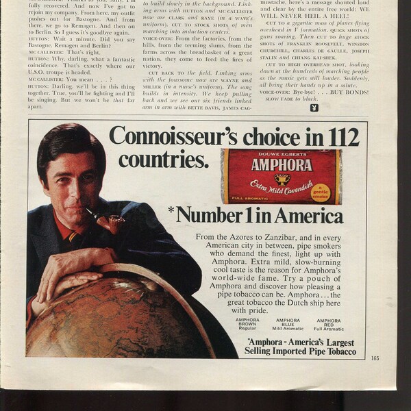 Amphora Extra Mild Cavendish Pipe Tobacco Connoisseur's Choice In 112 Countries Number 1 In America 1970 Vintage Antique Advertisement