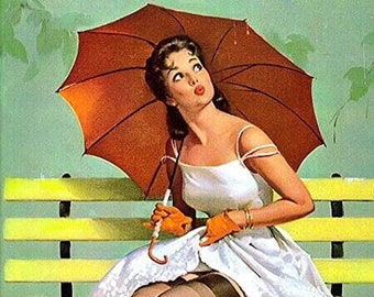 Chance Of Showers Pin-Up Girl Gil Elvgren Print Art Print - 8 in x 10 in - Matted to 11 in x 14 in - Mat Colors Vary