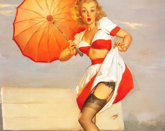 Windy Day Pin-Up Girl Gil Elvgren Print Art Print - 8 in x 10 in - Matted to 11 in x 14 in - Mat Colors Vary