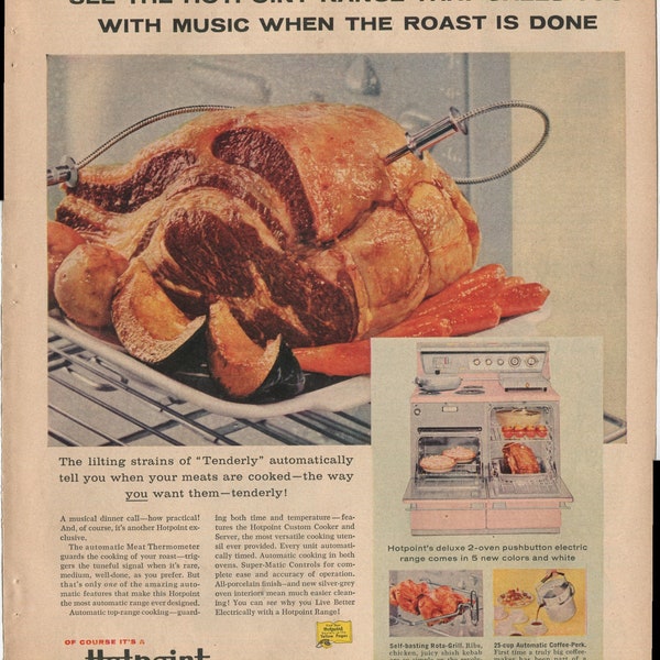 Hotpoint Range That Calls You With Music When The Roast Is Done 1957 Vintage Antique Advertisement