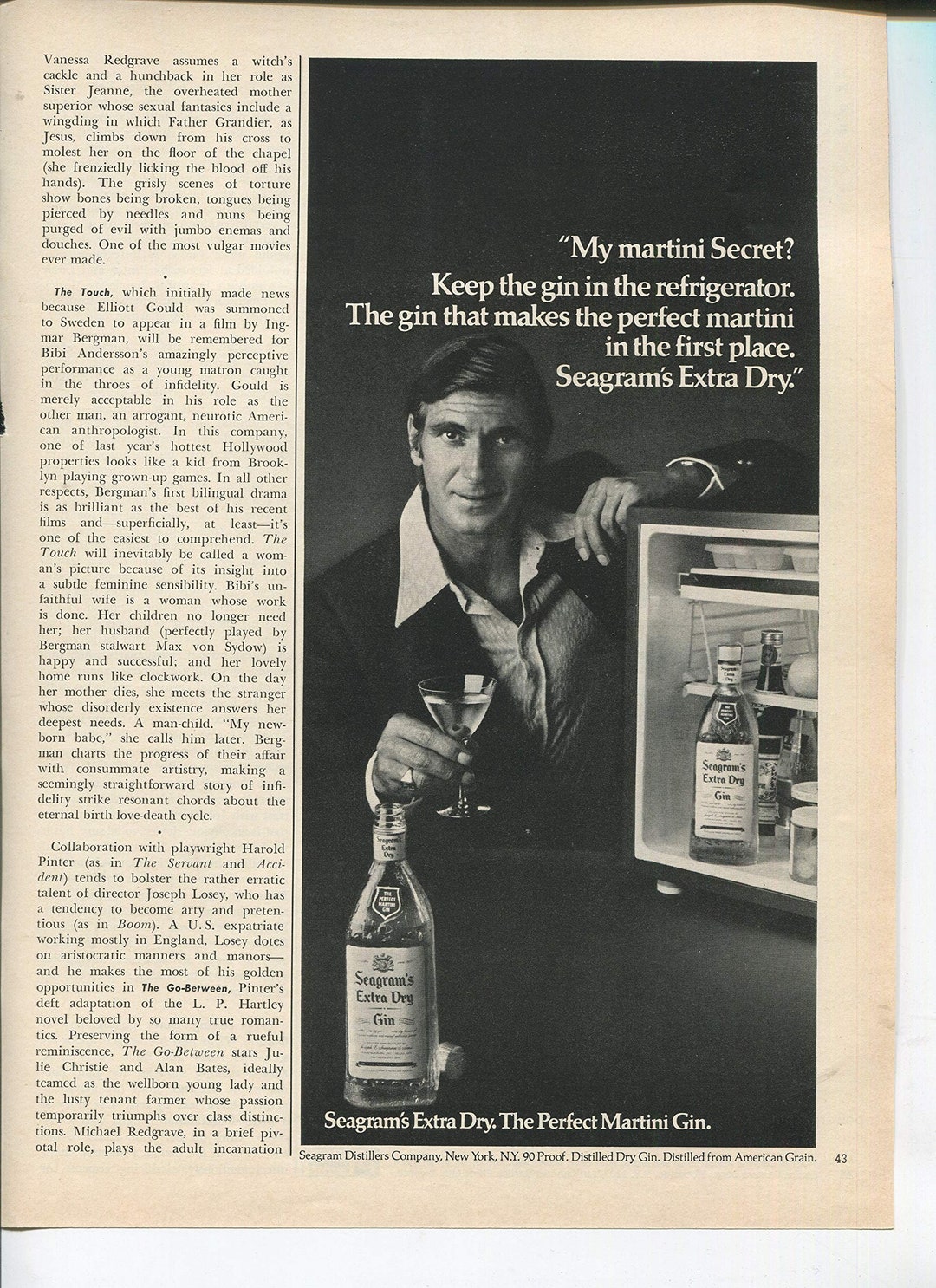 Seagram's Extra Dry the Perfect Gin Martini Keep in the Refrigerator 1971 Vintage Antique