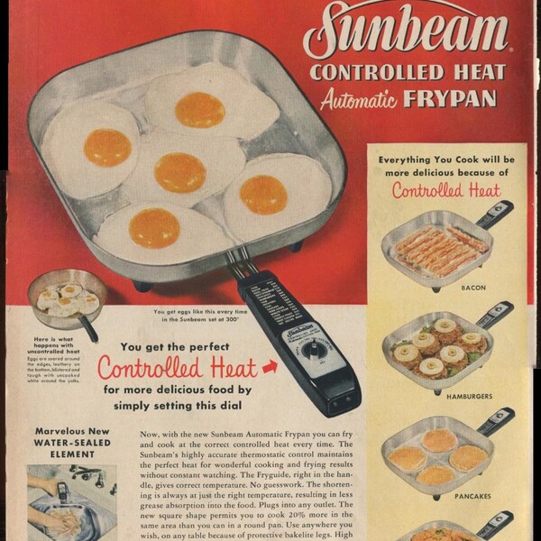 Sunbeam Controlled Heat Automatic Frypan More Delicious Food By Simply Setting This Dial  1954 Antique Advertisement