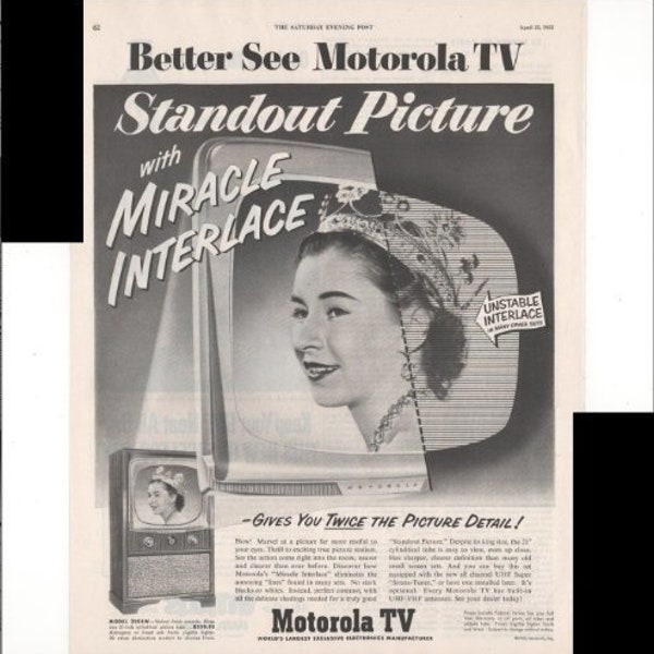 Motorola TV Standout Picture With Miracle Interlace 1953 Vintage Advertisement