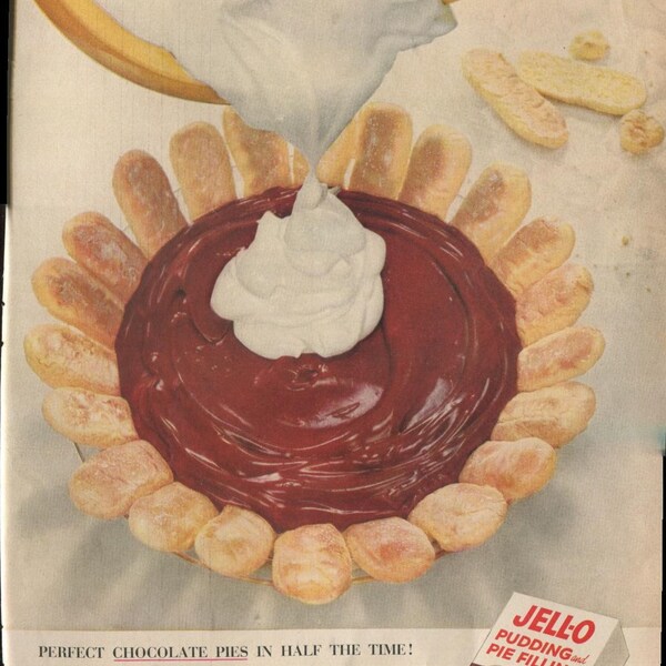 Jell-O Perfect Chocolate Pies in Half The Time Exclusive Walter Baker Chocolate Flavor 1954 Antique Advertisement