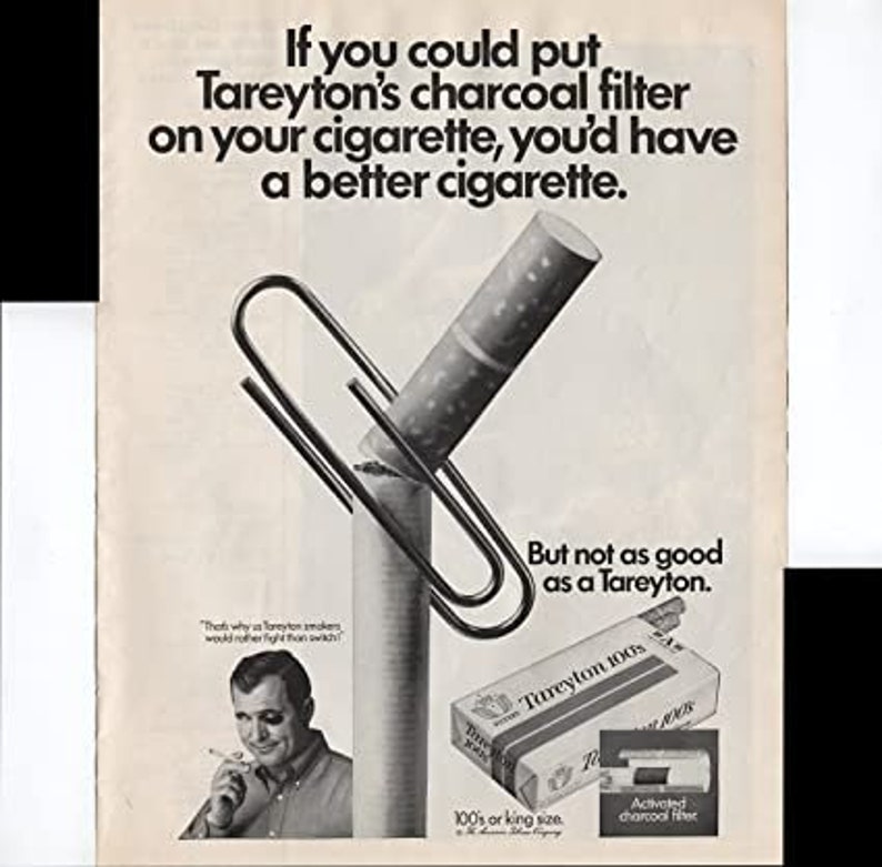 Tareyton 100's Cigarettes "The Activated Charcoal Filter" Vintage Print Ad 1968 Australia
