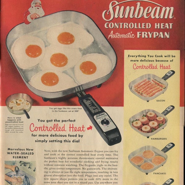 Sunbeam Controlled Heat Automatic Frypan Entirely New And Sensational The Christmas Gift Every Woman Wants 1954 Antique Advertisement