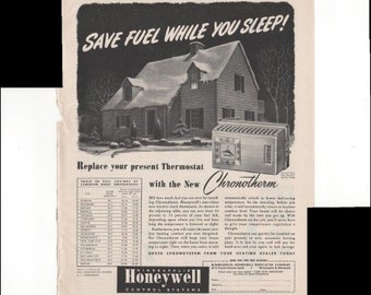 Honeywell Thermostat avec Chronotherm Home 1948 publicité antique vintage
