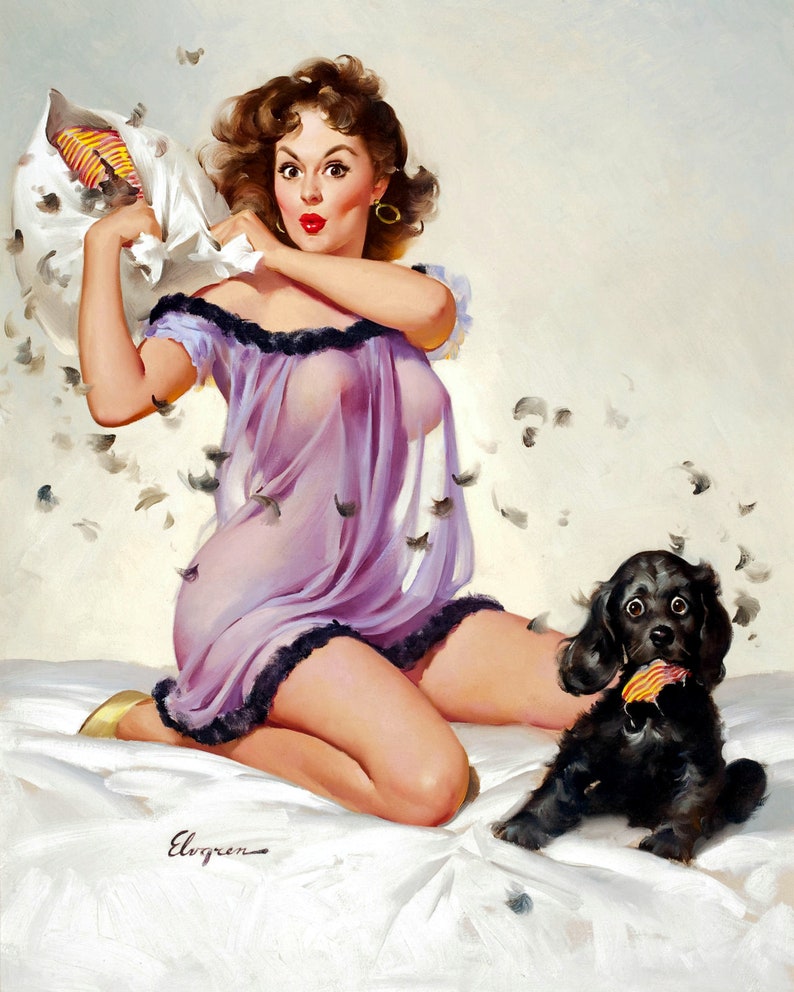 Pillow Fight Gil Elvgren Print Art Print 8 in x 10 in Matted to 11 in x 14 in Mat Colors Vary image 1