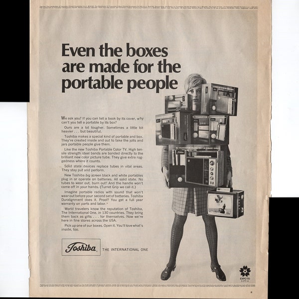 Toshiba Portable Radios And Televisions Even The Boxes Are Made For Portable People 1969 Vintage Antique Advertisement