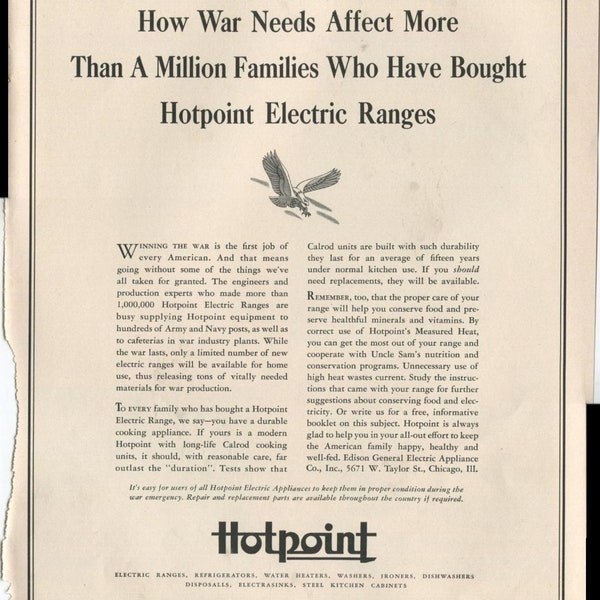 Hotpoint How War Needs Affect More Than A Million Families Who Have Bought Hotpoint Electric Ranges WWII 1942 Vintage Antique Advertisement