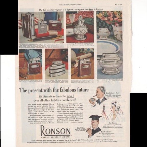 Ronson World's Greatest Lighter The Present With The Fabulous Future Father's Day For Brides For Graduates 1952 Antique Advertisement