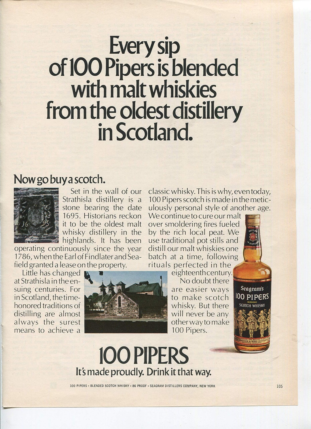 Seagram's 100 Pipers It's Made Proudly Drink It That Way Scotch Whisky