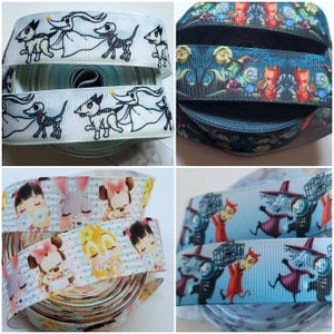 May include: Four rolls of ribbon featuring different designs from the Nightmare Before Christmas movie. The ribbons are white with black and blue accents. The designs include Jack Skellington, Sally, and other characters from the movie.