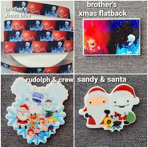 May include: Four Christmas-themed iron-on patches. The first patch features a red and blue ribbon with a repeating pattern of a snowman and a Christmas tree. The second patch features a flatback image of a snowman and a Christmas tree. The third patch features a snowflake design with a snowman, Santa Claus, Rudolph the Red-Nosed Reindeer, and other Christmas characters. The fourth patch features a white background with two Santa Clauses.