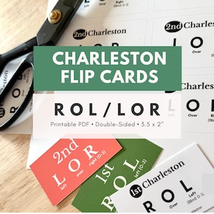 May include: Image of "Charleston Flip Cards" with text, featuring white cards with black text, and red and green accent cards. The cards are 3.5 x 2 inches. A pair of black scissors is in the upper left corner.