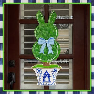 Boxwood Easter Bunny Rabbit with Chinoiserie inspired planter Spring Front Door Cottontail