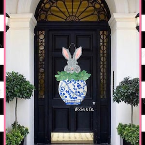 Peeking Bunny in Ginger Jar Door Hanger Spring Front Door Easter Bunny happy spring front porch Chinoiserie