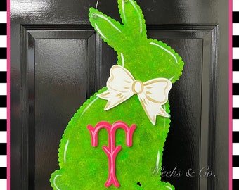 Boxwood Easter Bunny Rabbit with Initial Door Hanger Spring Front Door Cottontail