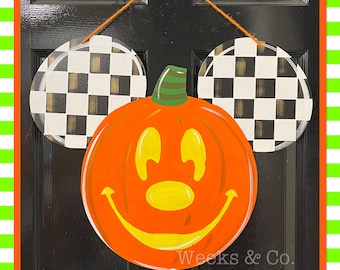 Disney Inspired Mickey Pumpkin with Checkered Ears Door Hanger Front Door Mickey Mouse Halloween