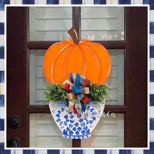 Ginger jar with pumpkin and boxwood Door Hanger Fall Front Door happy fall front porch Chinoiserie