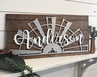 Windmill Slatboard Sign with Name Wooden Base Vintage Farmhouse Rustic Sign Personalized Gallery Wall Wedding Gift